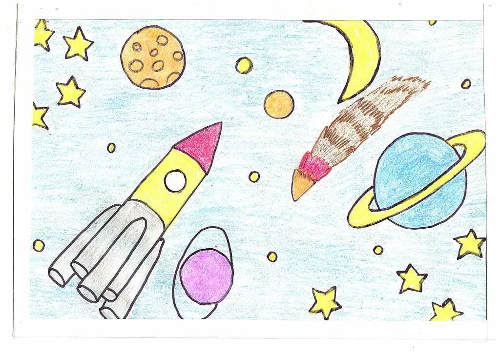 Рисунок на тему космонавтики 5 класс. Рисунок на космическую тему. Космический рисунок для детей. Космос рисунок для детей. Детские рисунки на тему космос.