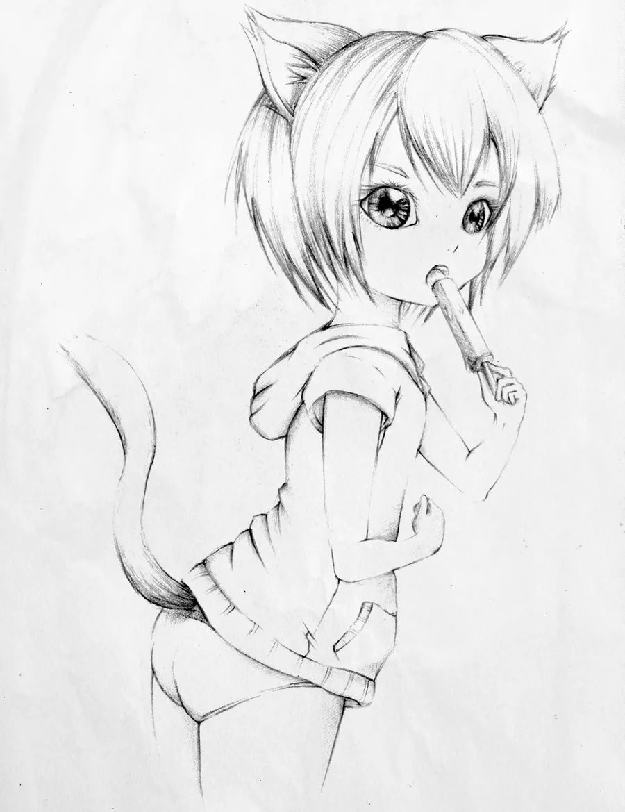 Кошка девочка рисунок для срисовки