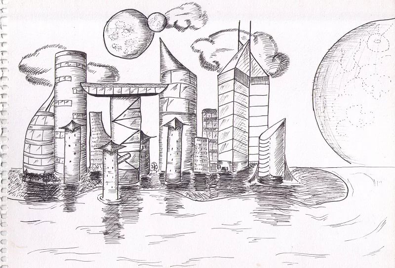 Город будущего: 65 рисунков карандашами и не только